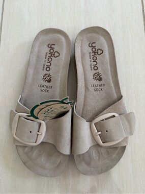 Yokono Beige Slide Sandals with Adjustable Buckle